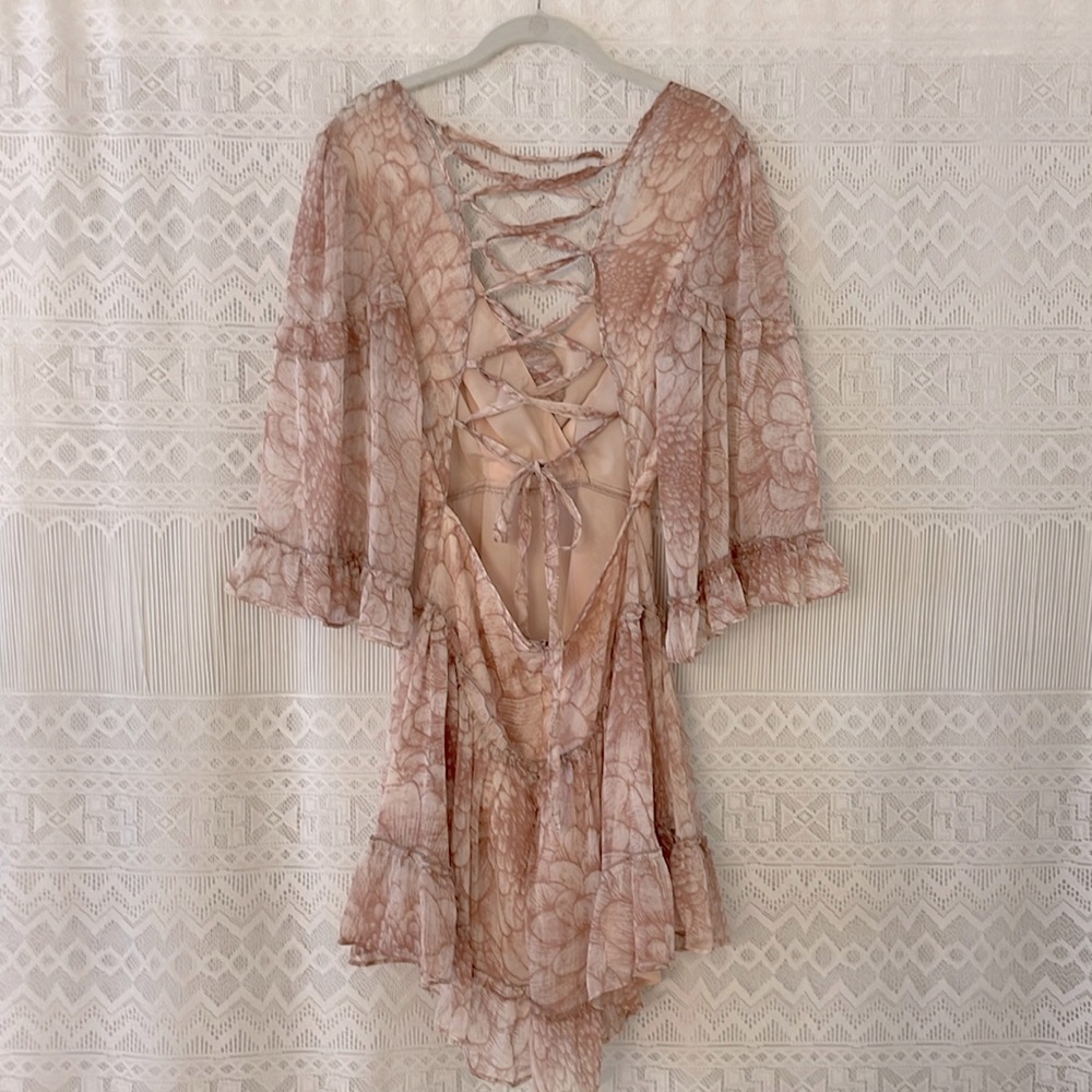 Mini Ruffle Dress with Lace-Up Back and 3/4 Sleeve